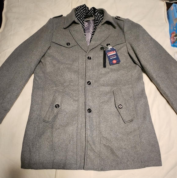 Amazon Wool Blend Detachable Scarf Mens Collar Trench Pea Coat Grey 2X-Large - Picture 3 of 7